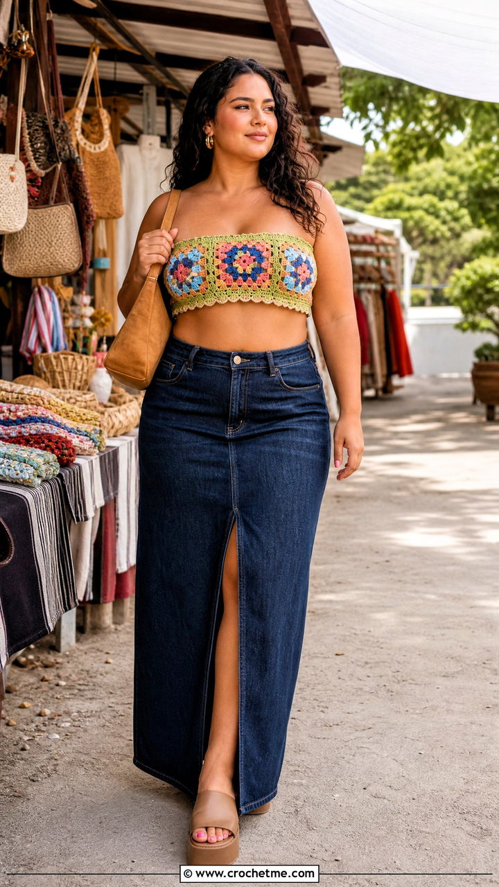 Granny Square Crochet Bandeau Top With Denim Maxi Skirt - 35 crochet bandeau top outfit ideas