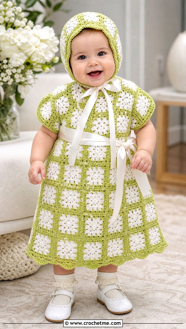 Granny Square Crochet Baptism Gown With Bonnet - 15 Crochet Baptism Gown outfit ideas