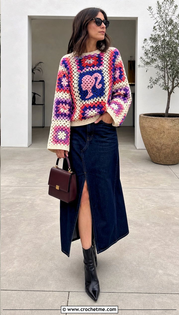 Granny Square Crochet Barbie Sweater With Denim Midi Skirt - 25 crochet barbie sweater outfit ideas