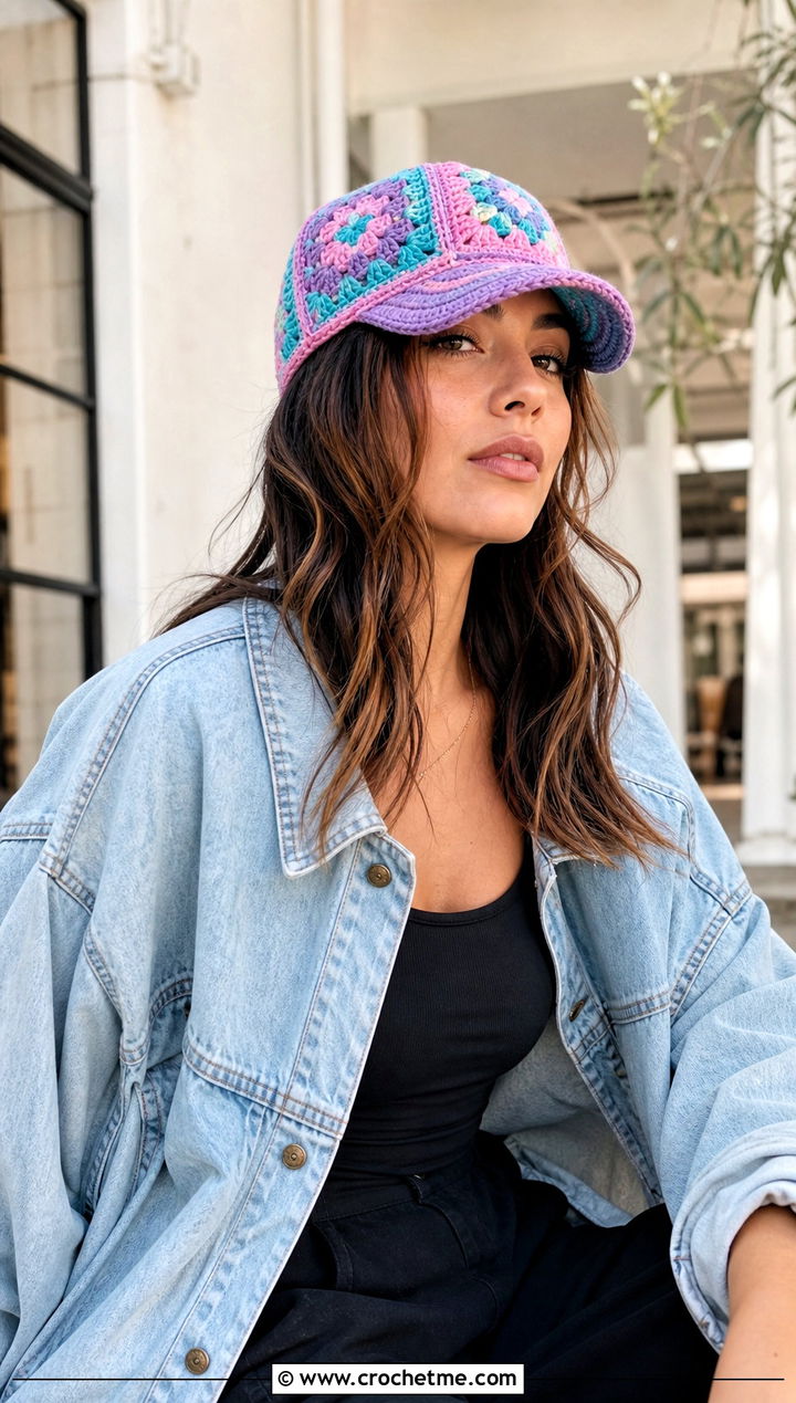 Granny Square Crochet Baseball Cap With Denim Jacket - 15 crochet baseball cap for adults outfit ideas