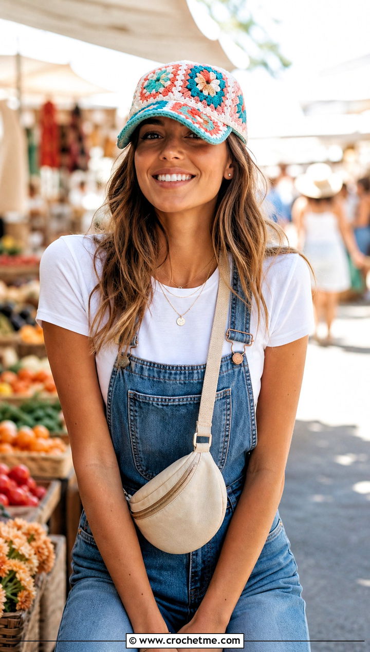 Granny Square Crochet Baseball Cap With Denim Overalls - 25 crochet baseball cap outfit ideas