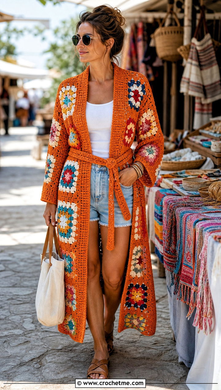 Granny Square Crochet Bathrobe With Denim Shorts - 30 crochet bathrobe outfit ideas