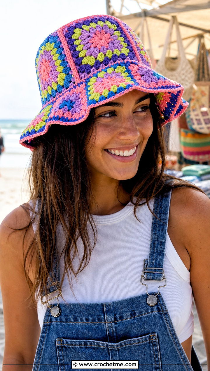 Granny Square Crochet Beach Hat With Denim Overalls - 30 crochet beach hats outfit ideas