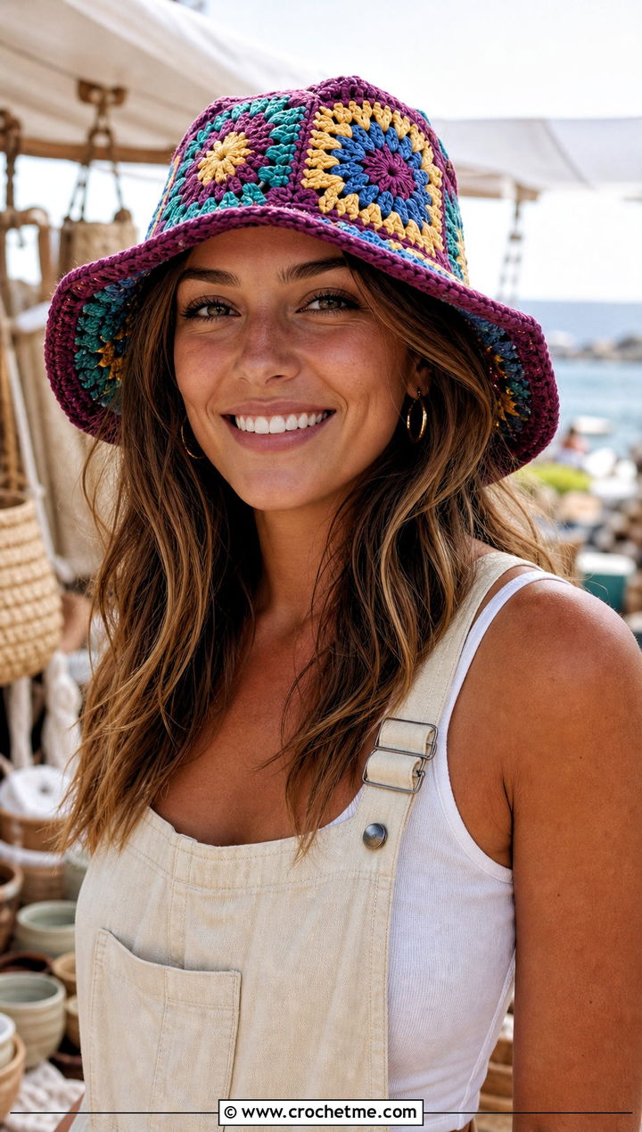 Granny Square Crochet Beach Hat With Overalls - 25 crochet beach hat outfit ideas