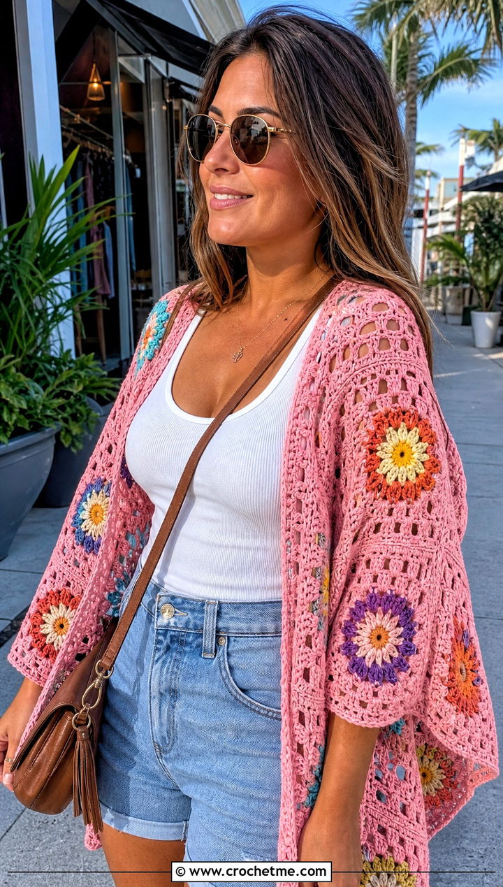 Granny Square Crochet Beach Shawl With Denim Shorts - 25 crochet beach shawl outfit ideas