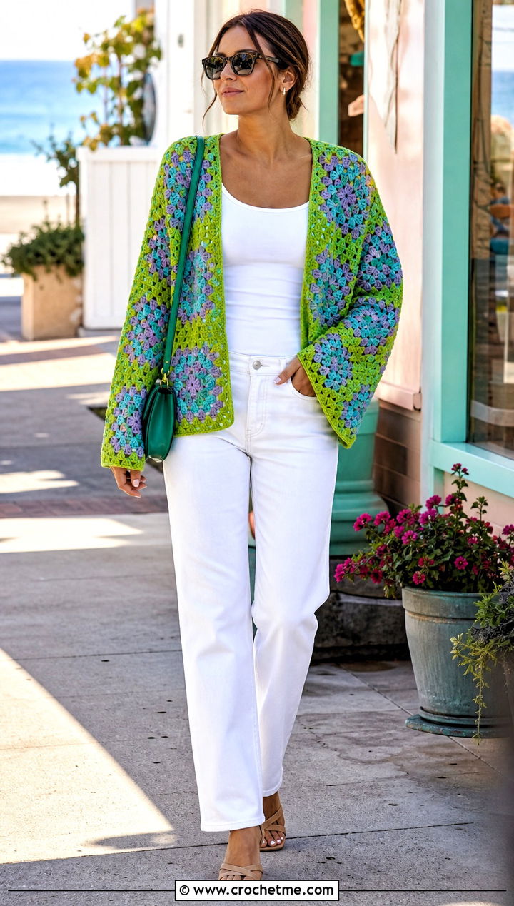 Granny Square Crochet Beach Sweater With White Jeans - 25 Crochet Beach Sweater outfit ideas