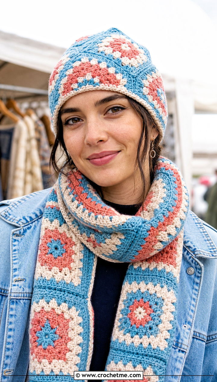 Granny Square Crochet Beanie And Scarf Set With Denim Jacket - 30 crochet beanie and scarf set outfit ideas