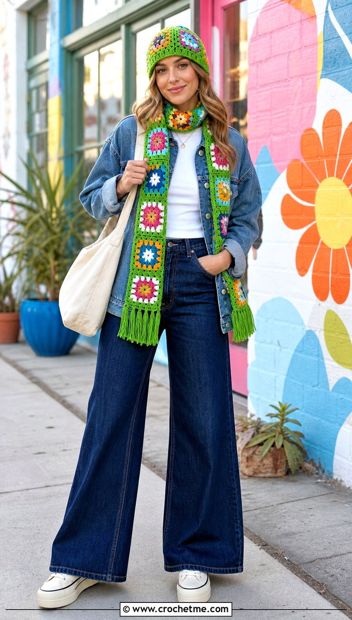Granny Square Crochet Beanie And Scarf With Denim Jacket - 35 crochet hat and scarf set outfit ideas