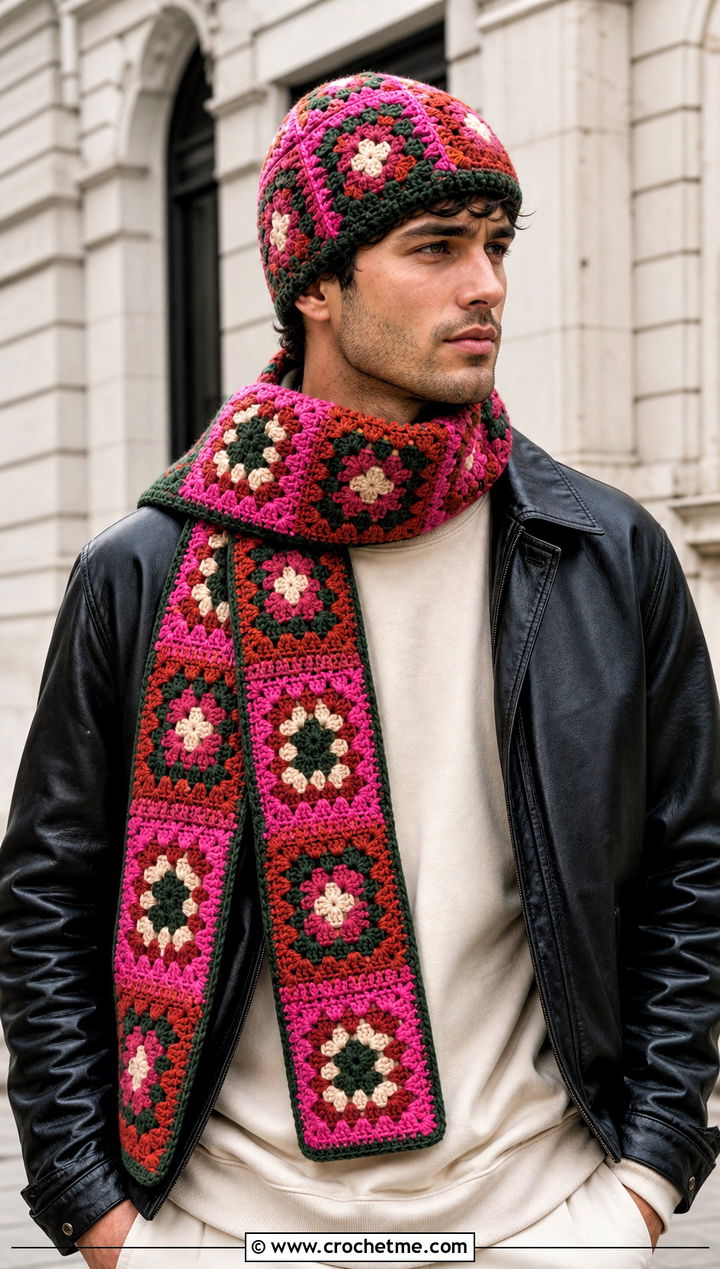 Granny Square Crochet Beanie And Scarf With Leather Jacket - 20 Crochet Mens Hat And Scarf outfit ideas