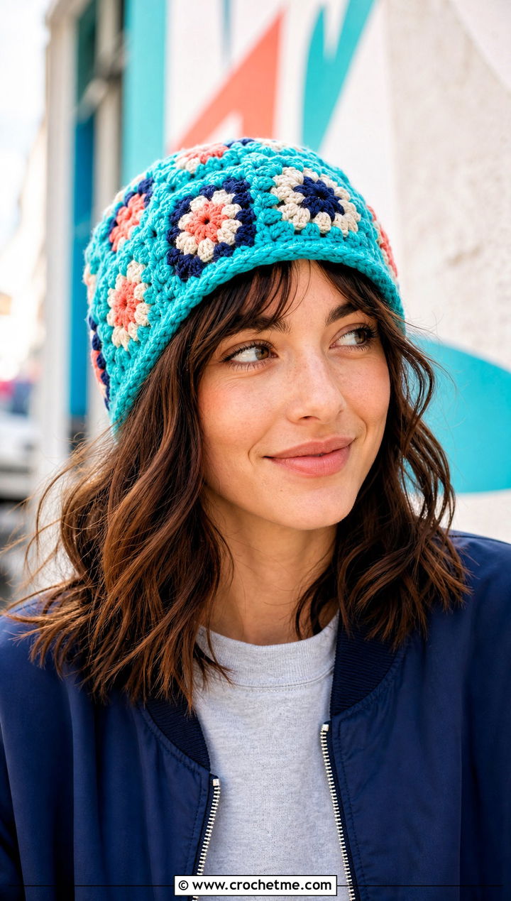Granny Square Crochet Beanie With Bomber Jacket - 20 Warm Crochet Hat outfit ideas