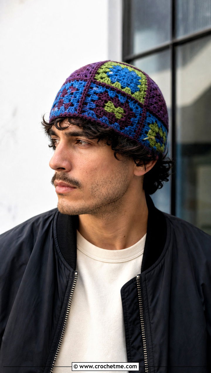 Granny Square Crochet Beanie With Bomber Jacket - 25 Easy Mens Crochet Beanie outfit ideas