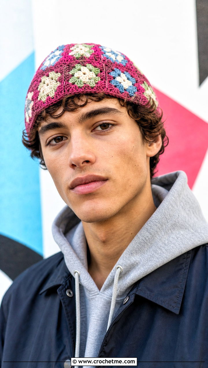 Granny Square Crochet Beanie With Coach Jacket - 30 crochet man beanie outfit ideas