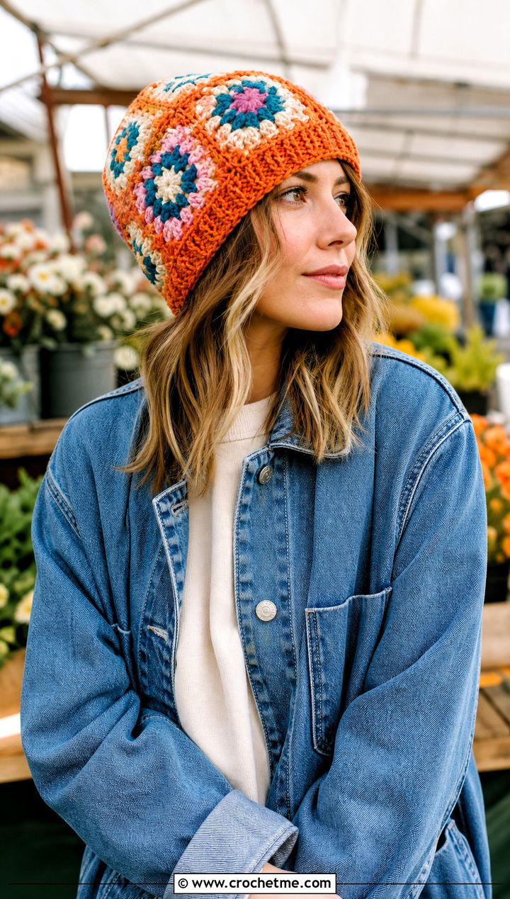 Granny Square Crochet Beanie With Denim Chore Jacket And Corduroy Pants - 15 Crochet Woolly Hat outfit ideas
