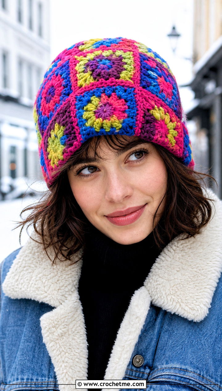 Granny Square Crochet Beanie With Denim Jacket - 30 winter crochet beanie outfit ideas