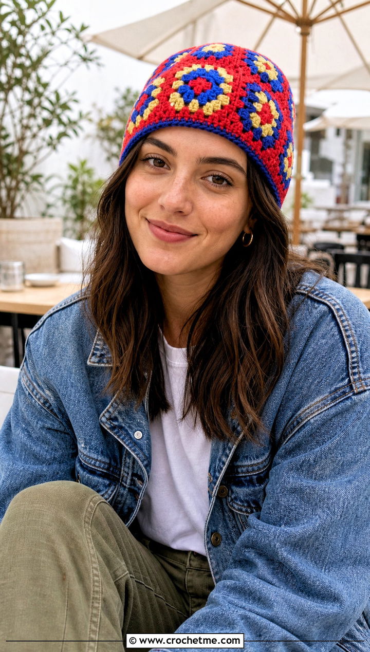 Granny Square Crochet Beanie With Denim Jacket - 25 Women Crochet Beanie outfit ideas