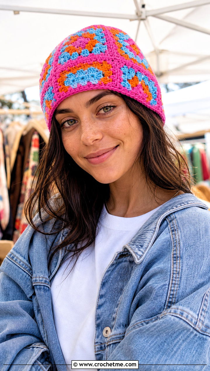 Granny Square Crochet Beanie With Denim Jacket - 15 crochet beany hat outfit ideas