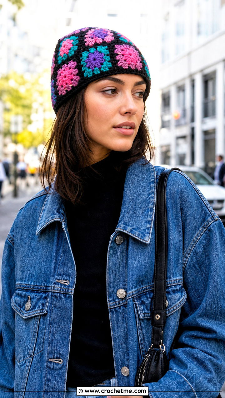 Granny Square Crochet Beanie With Denim Jacket - 15 diy crochet winter hat outfit ideas