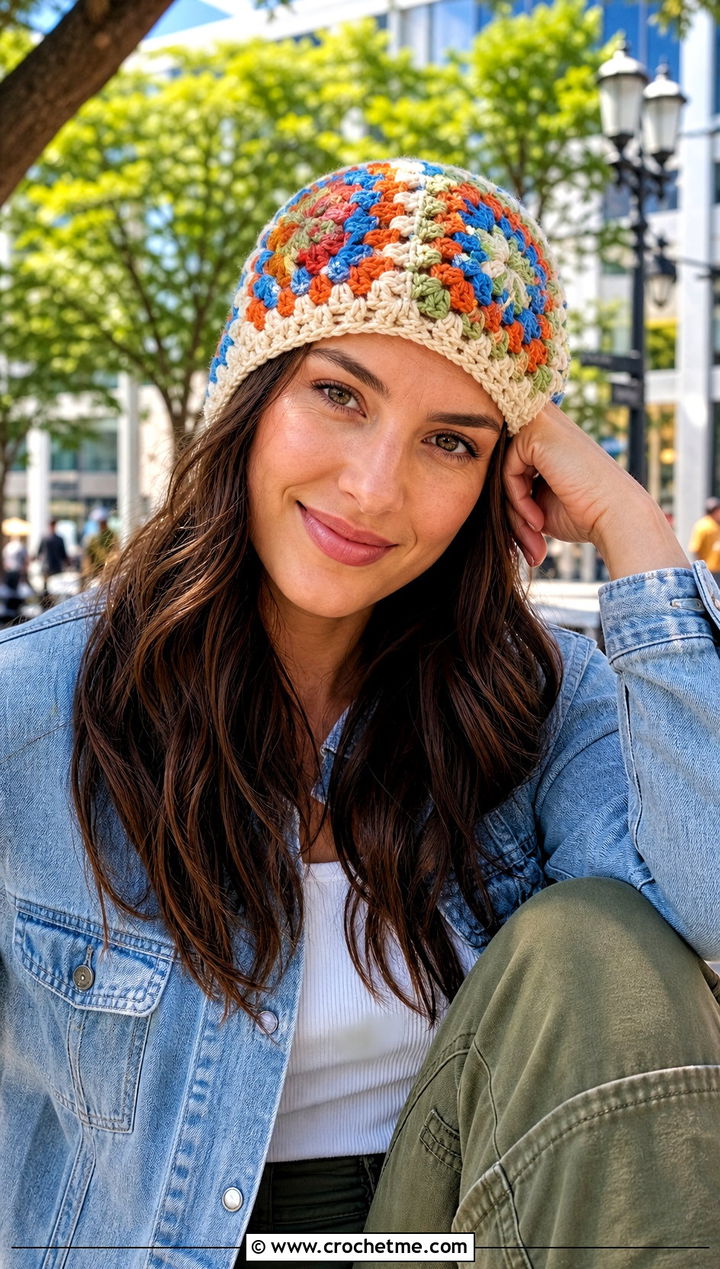 Granny Square Crochet Beanie With Denim Jacket And Cargo Pants - 15 Womens Crochet Beanie outfit ideas