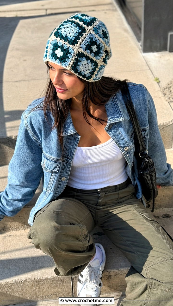 Granny Square Crochet Beanie With Denim Jacket And Cargo Pants - 15 cool crochet beanie outfit ideas