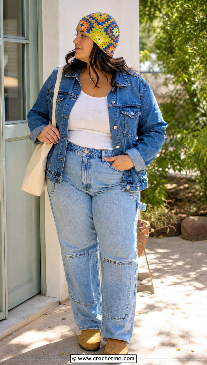 Granny Square Crochet Beanie With Denim Jacket And Carpenter Jeans - 20 unique crochet beanie outfit ideas
