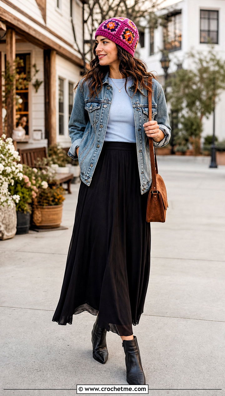 Granny Square Crochet Beanie With Denim Jacket And Maxi Skirt - 35 crocheted beanies outfit ideas