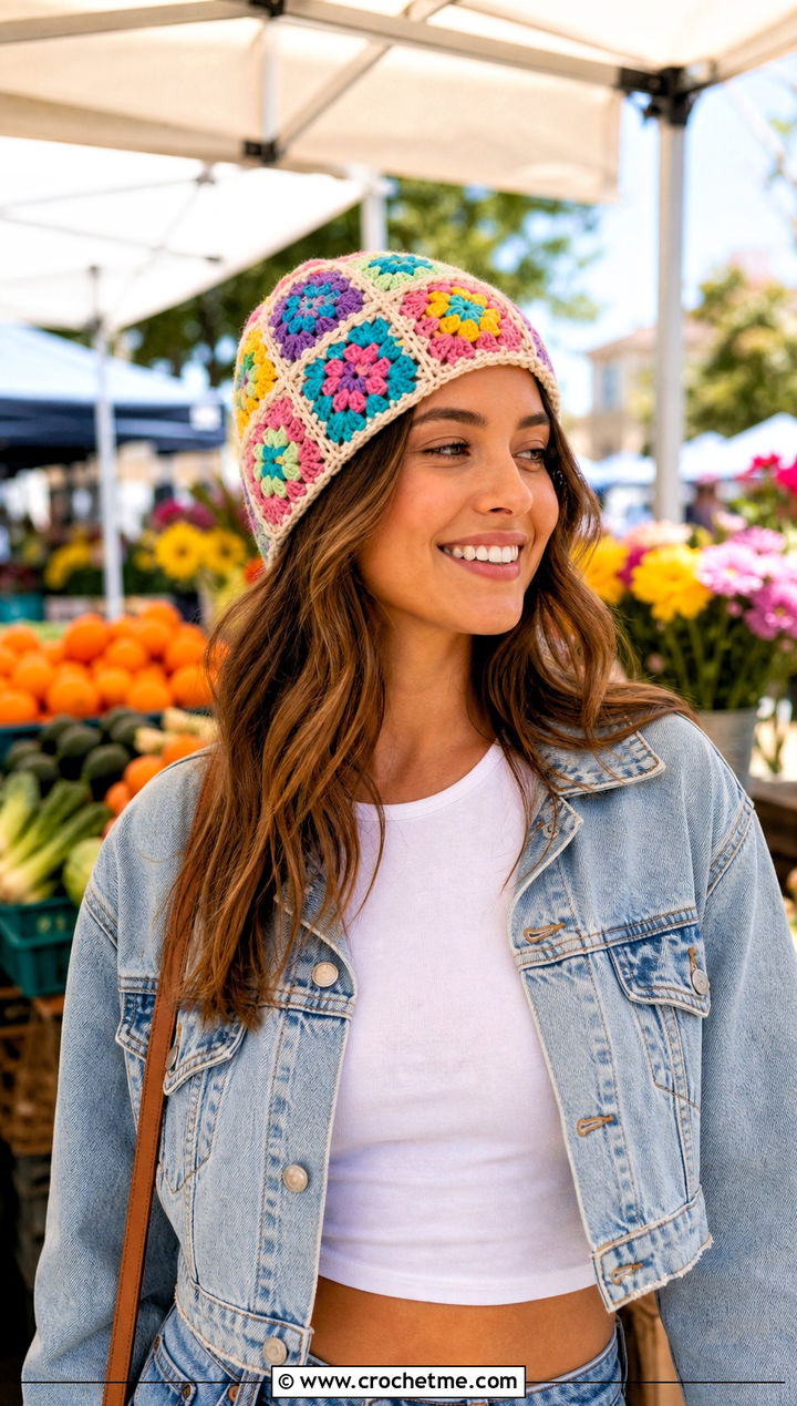 Granny Square Crochet Beanie With Denim Jacket And Maxi Skirt - 25 Crochet Beanie Size 4 Yarn outfit ideas