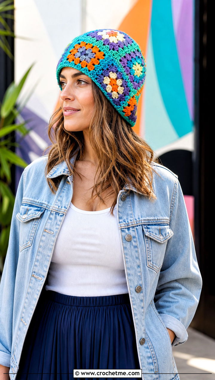 Granny Square Crochet Beanie With Denim Jacket And Maxi Skirt - 30 crochet fall beanie outfit ideas