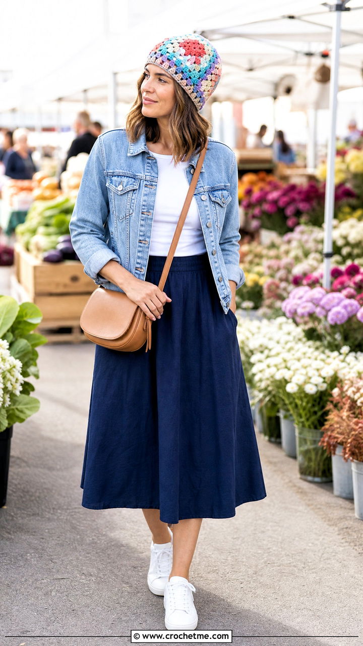 Granny Square Crochet Beanie With Denim Jacket And Midi Skirt - 35 crochet beanie hat outfit ideas