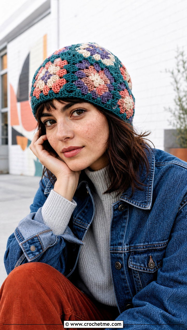 Granny Square Crochet Beanie With Denim Jacket and Corduroy Pants - 15 Crochet Warm Winter Hat outfit ideas