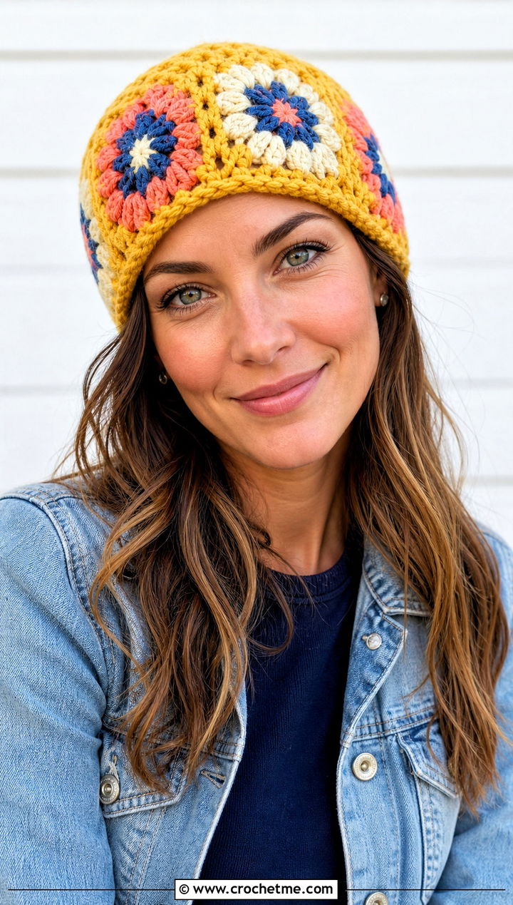 Granny Square Crochet Beanie With Denim Jacket - 30 crochet beanies for women outfit ideas