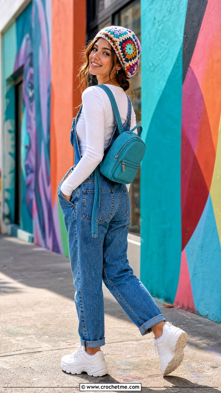 Granny Square Crochet Beanie With Denim Overalls - 35 easy crochet beanie womens outfit ideas