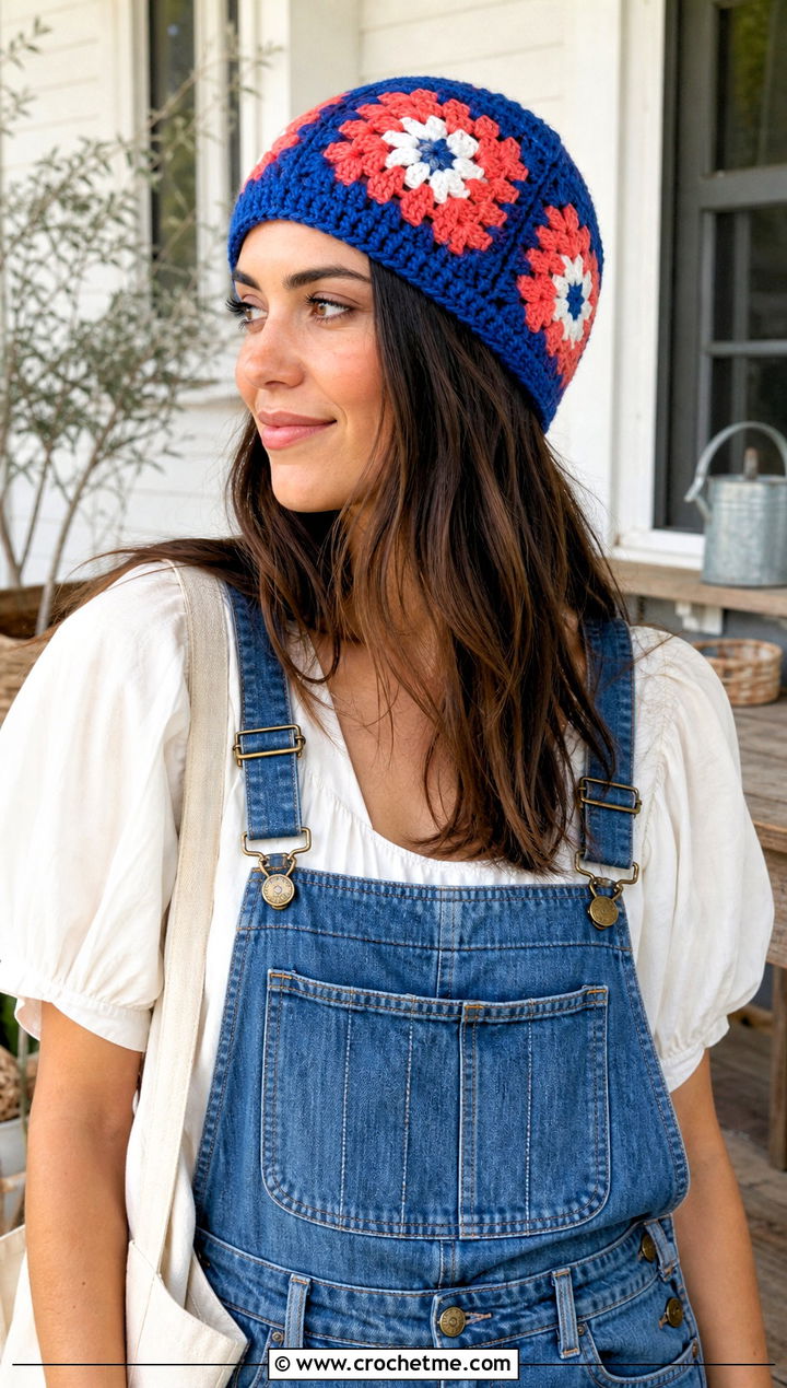 Granny Square Crochet Beanie With Denim Overalls - 25 country cottage crochet beanie outfit ideas