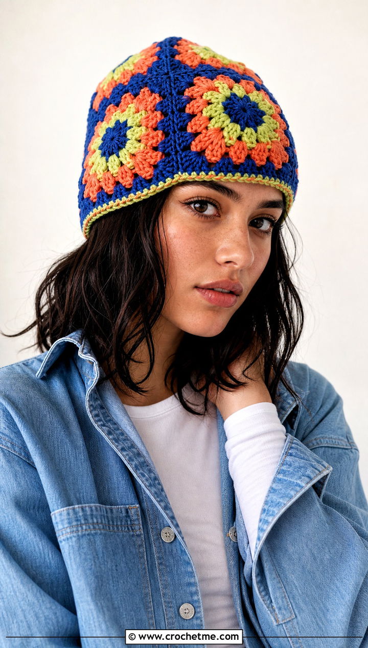 Granny Square Crochet Beanie With Denim Overshirt - 25 Fall Crochet Beanie outfit ideas