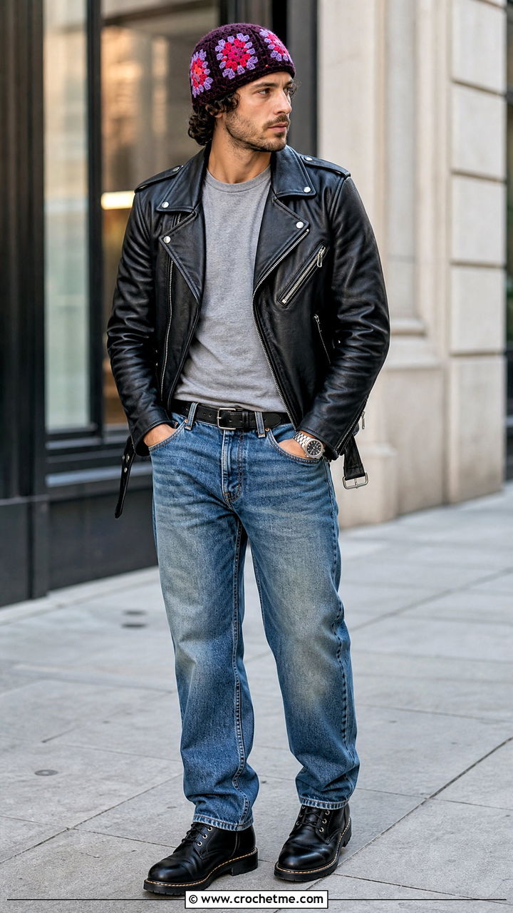 Granny Square Crochet Beanie With Leather Jacket - 35 men's crochet beanie outfit ideas