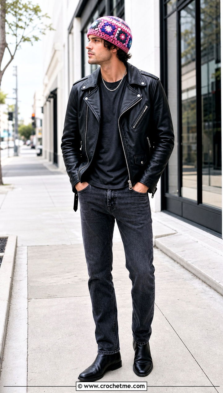 Granny Square Crochet Beanie With Leather Jacket - 35 mens crochet beanie outfit ideas