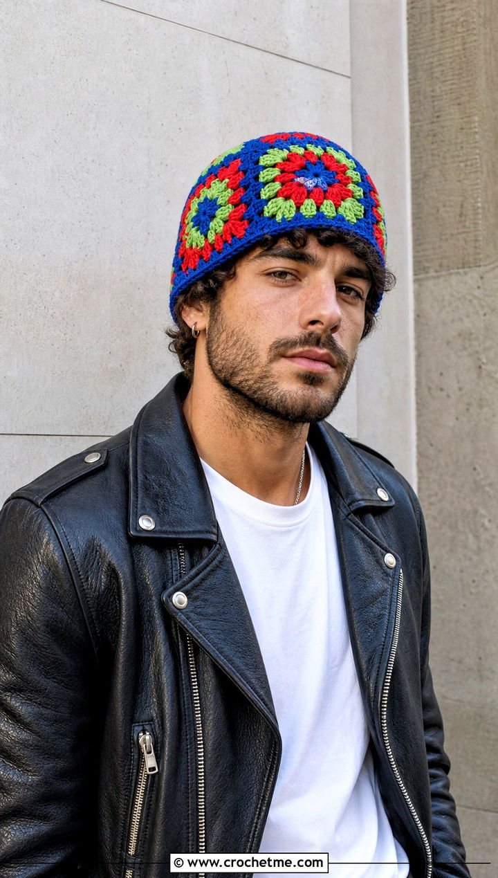 Granny Square Crochet Beanie With Leather Jacket - 25 crochet for men's beanies outfit ideas