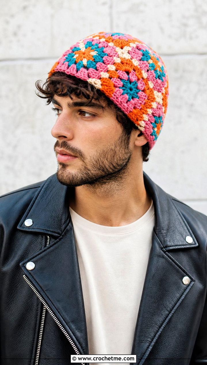 Granny Square Crochet Beanie With Leather Jacket - 25 easy men's crochet beanie outfit ideas