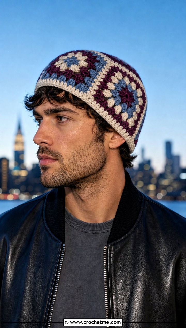 Granny Square Crochet Beanie With Leather Jacket - 25 mens winter crochet hats outfit ideas