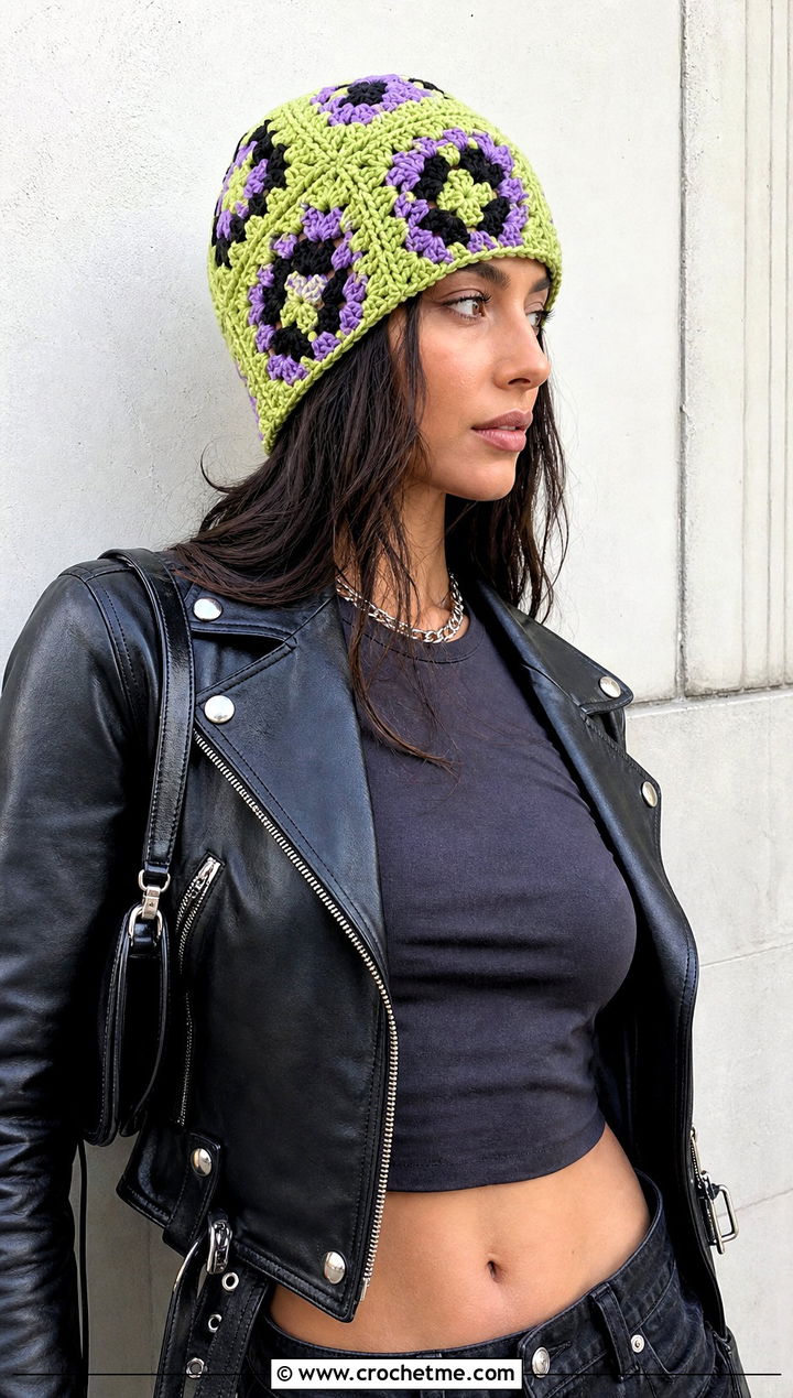 Granny Square Crochet Beanie With Leather Jacket - 15 Easy Crochet Projects Beanie outfit ideas
