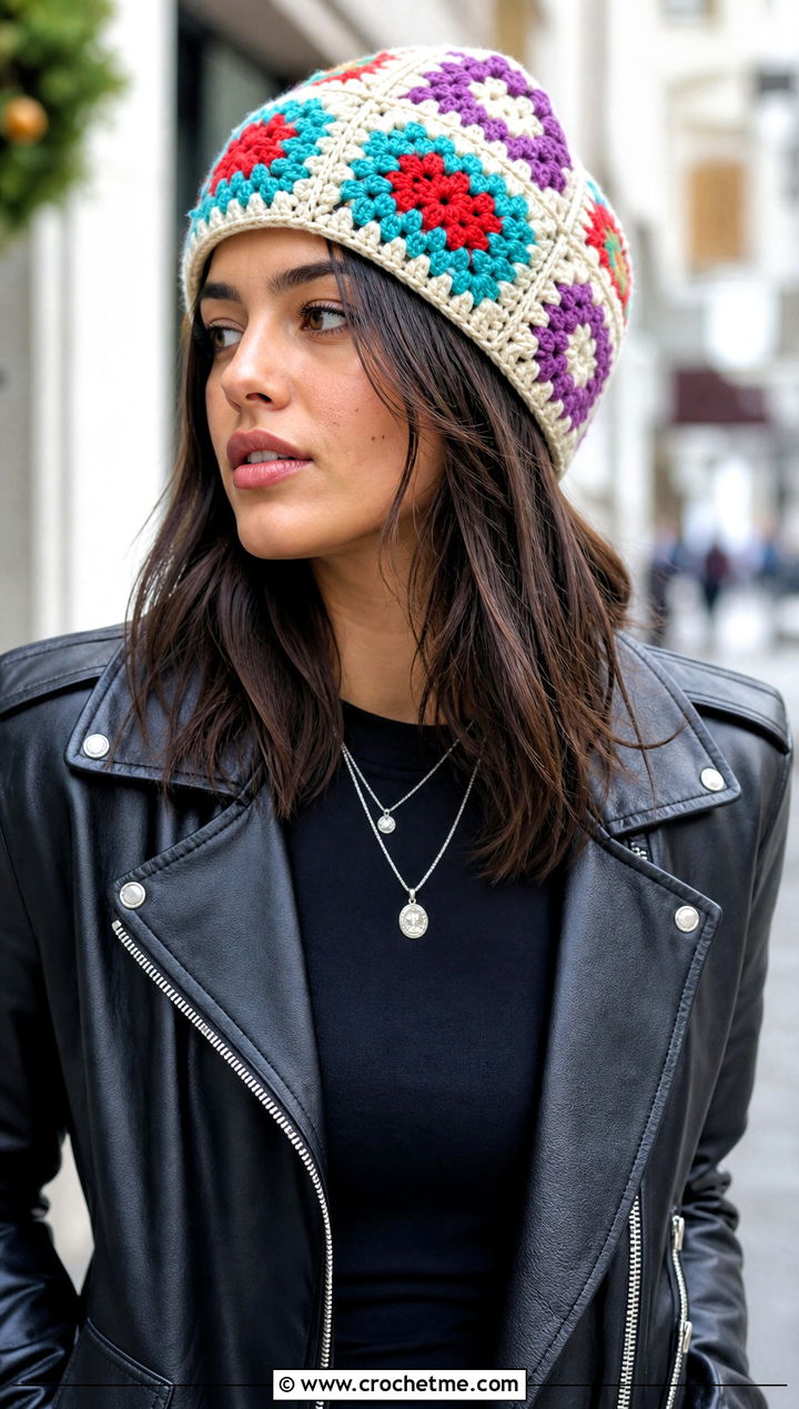 Granny Square Crochet Beanie With Leather Jacket - 15 large crochet beanie outfit ideas