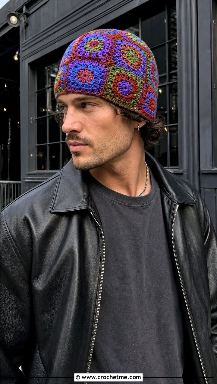 Granny Square Crochet Beanie With Leather Jacket - 15 men's crochet beanies outfit ideas