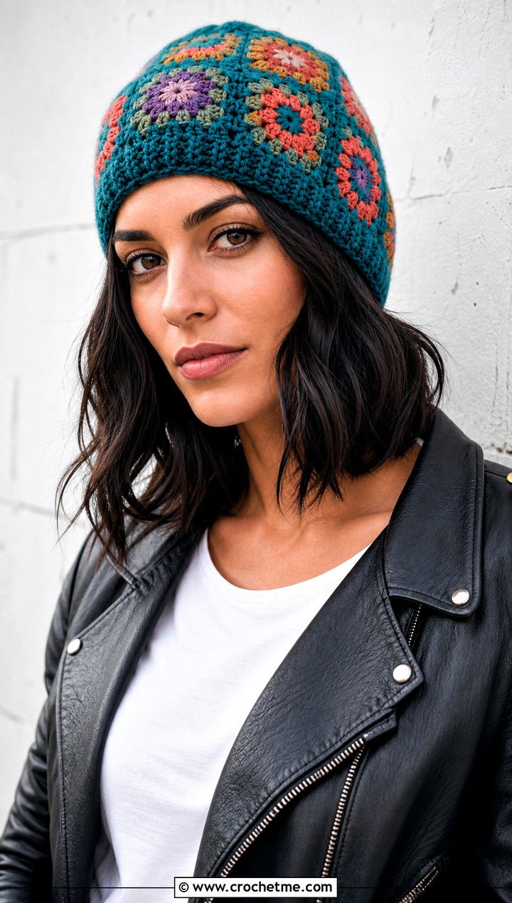 Granny Square Crochet Beanie With Leather Jacket - 20 Fun Crochet Beanie outfit ideas