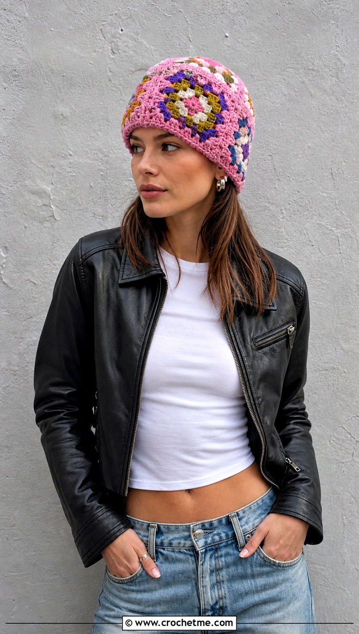 Granny Square Crochet Beanie With Leather Jacket And Jeans - 25 Fast Crochet Beanie outfit ideas