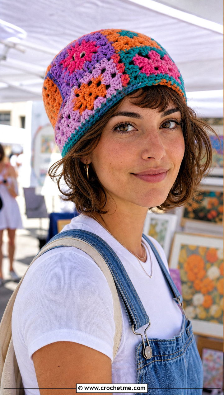Granny Square Crochet Beanie With Overalls And Sneakers - 20 classic crochet beanie outfit ideas