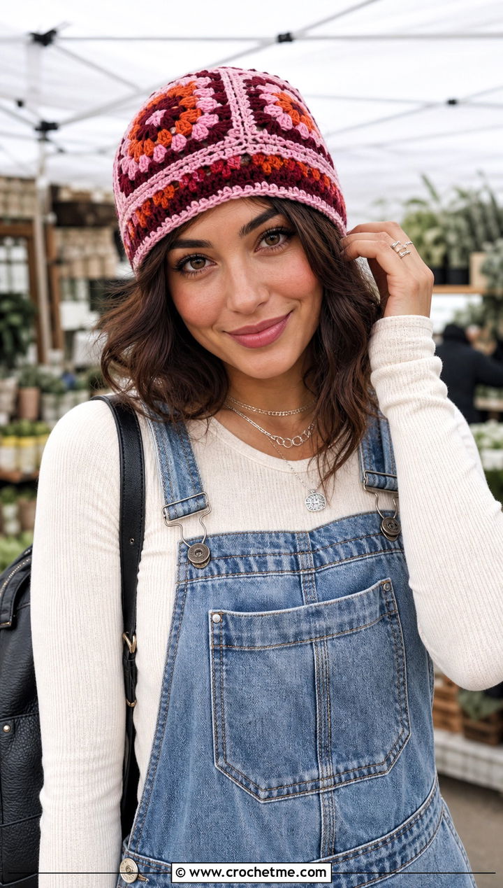 Granny Square Crochet Beanie With Overalls And Sneakers - 20 Boho Crochet Beanie outfit ideas