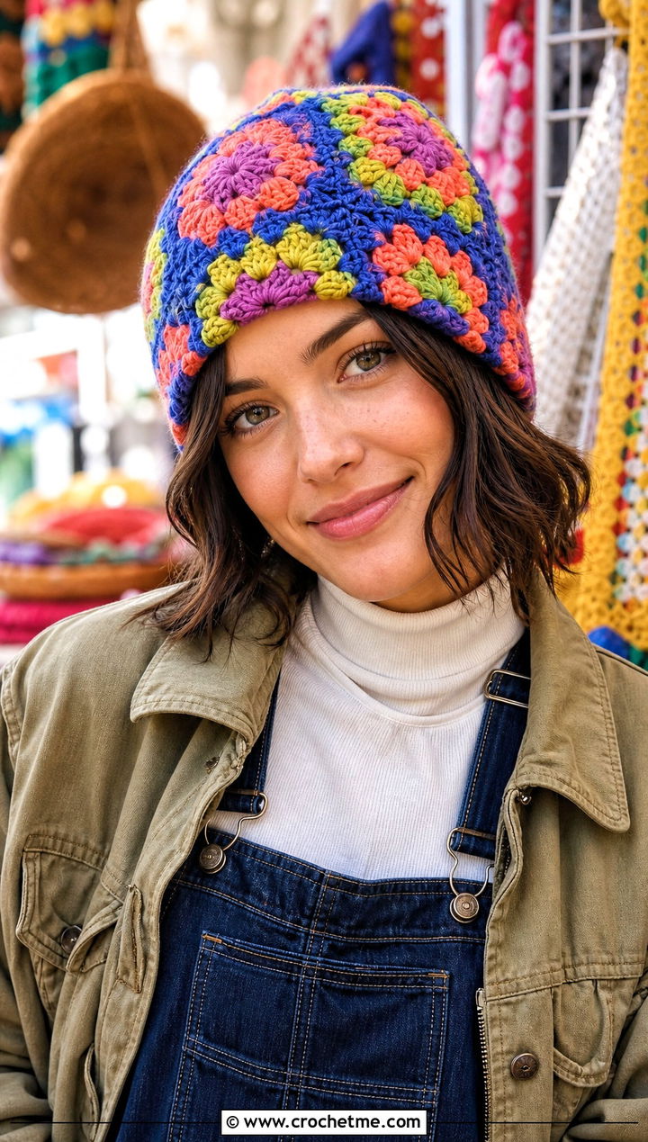 Granny Square Crochet Beanie With Overalls - 30 knit look crochet beanie outfit ideas