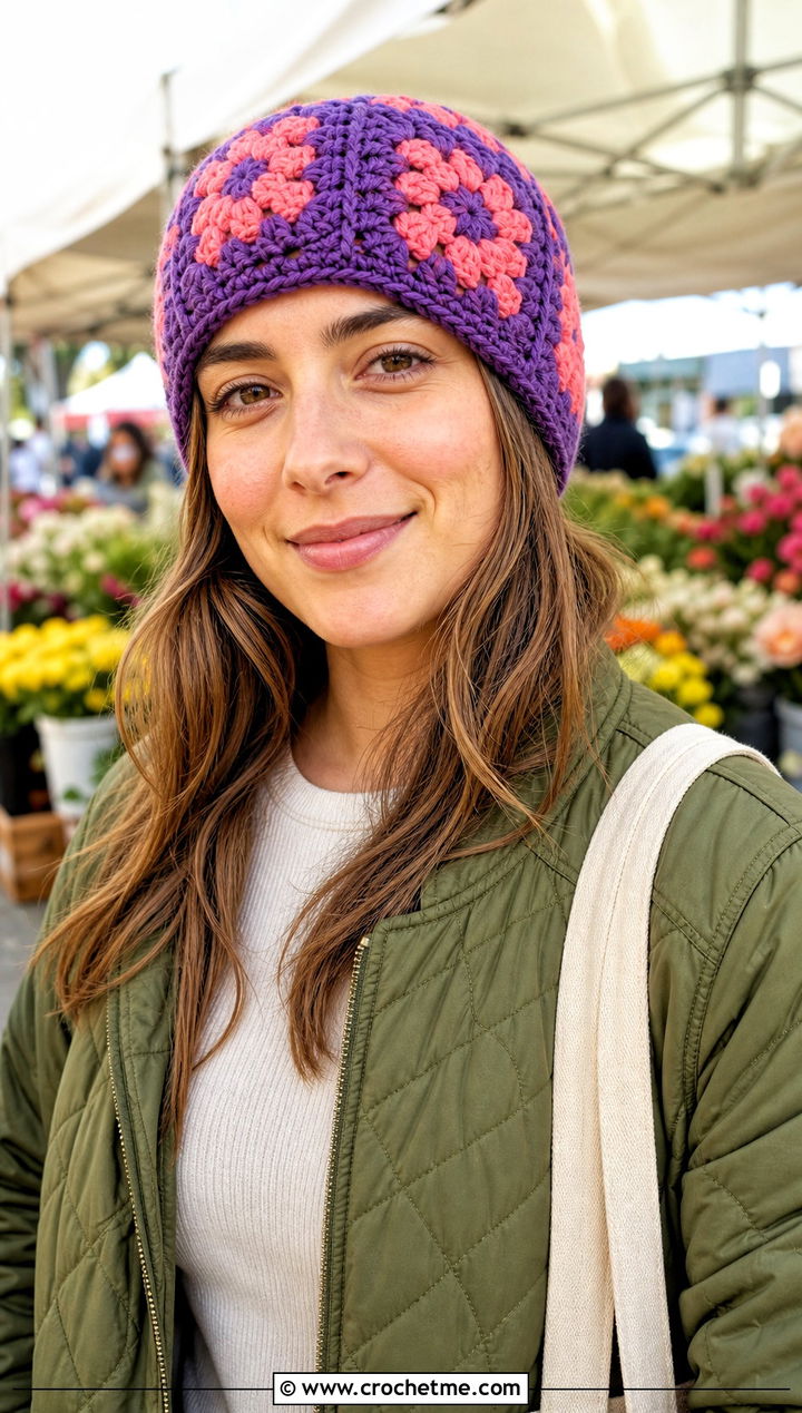 Granny Square Crochet Beanie With Quilted Jacket - 30 two color crochet beanie outfit ideas