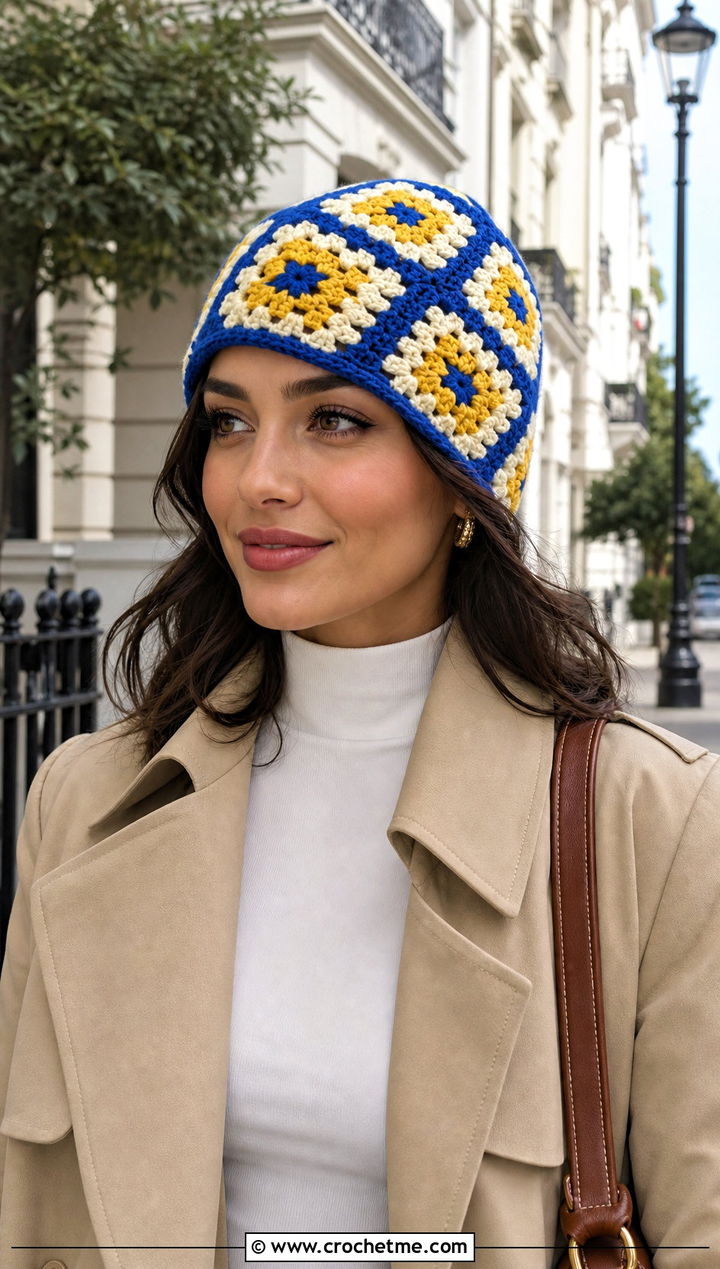 Granny Square Crochet Beanie With Trench Coat - 30 Quick Crochet Beanie outfit ideas