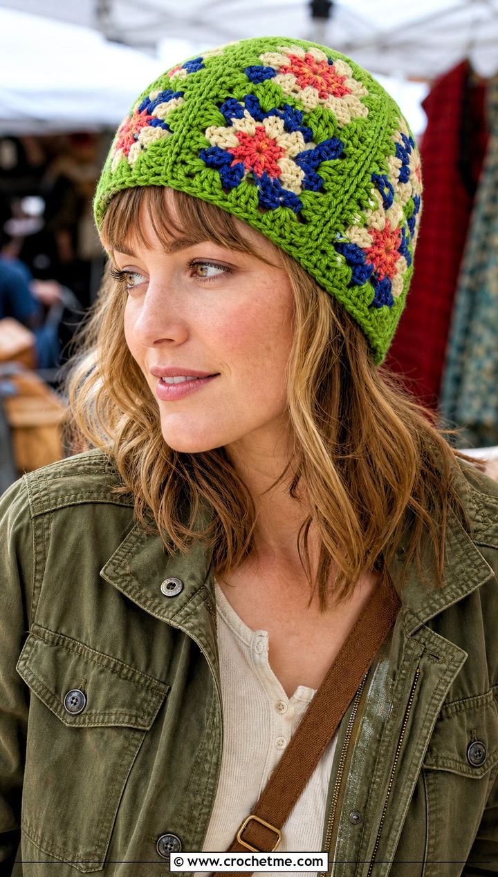 Granny Square Crochet Beanie With Utility Jacket - 25 3 Weight Yarn Crochet Beanie outfit ideas