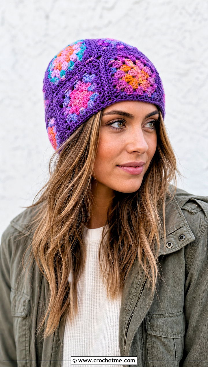 Granny Square Crochet Beanie With Utility Jacket - 35 basic crochet beanie outfit ideas